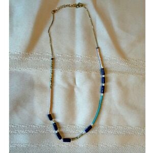 Handmade Beaded Necklace Blue Pink Gold Tone Boho Dainty Seed Bead Jewelry